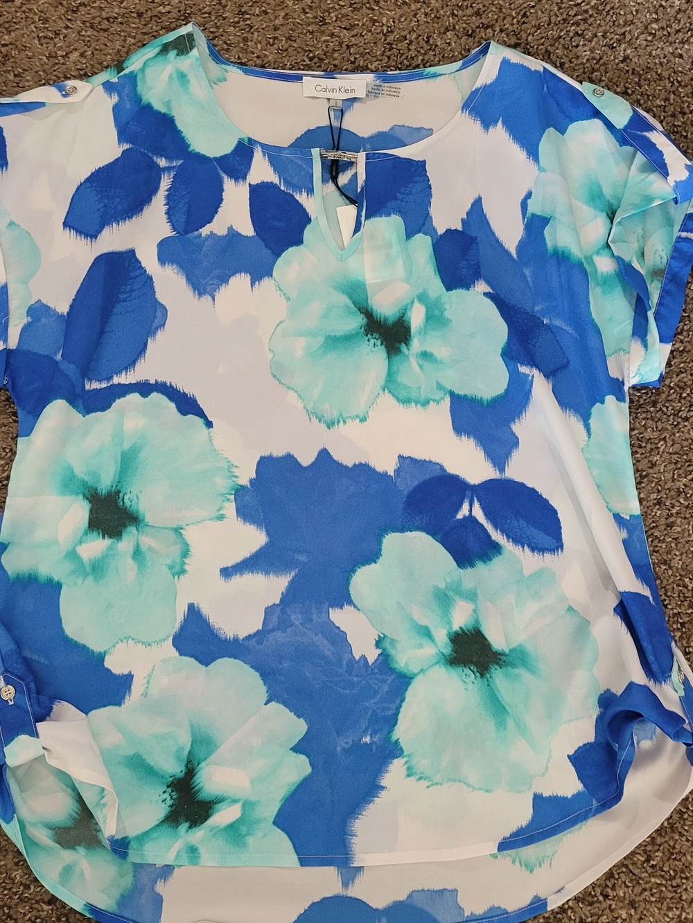 Calvin Klein Aqua & Blue Floral Short Sleeve Blouse